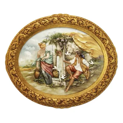 Zdjęcie Kobieta i mężczyzna przy fontannie przedstawieni na obrazie z porcelany