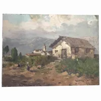Picture Mountain landscape with the figure of a woman and a cottage in the foreground