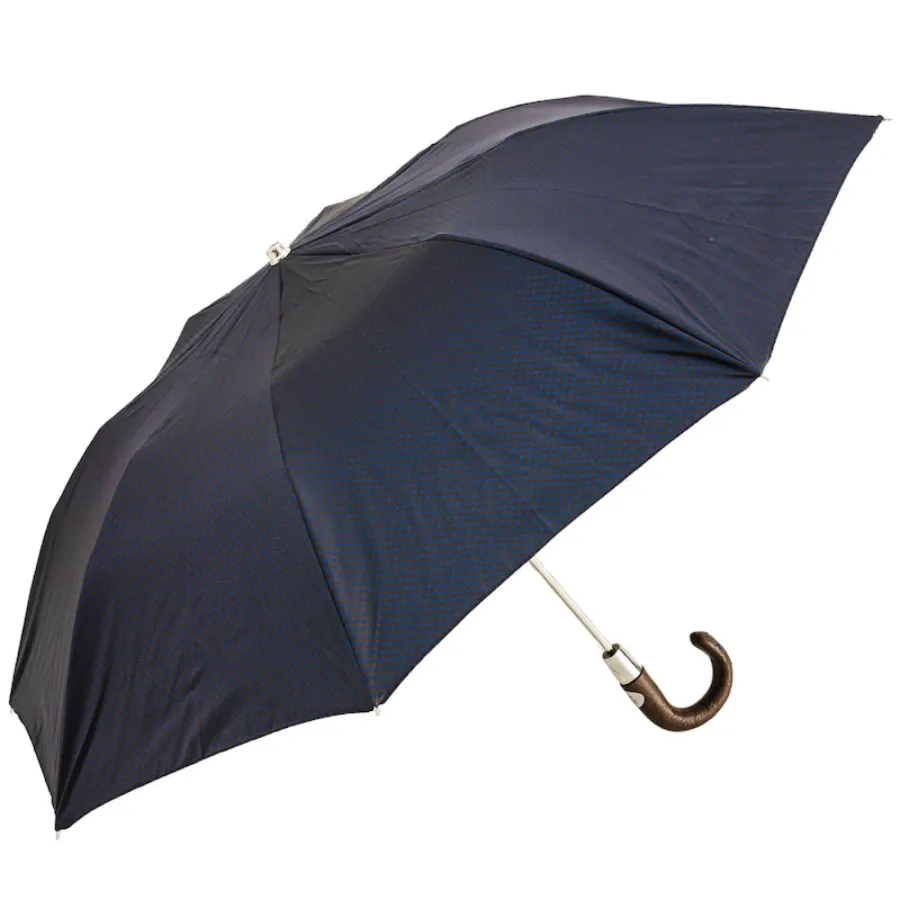 obrazek 7 Stylowy parasol męski w granatowo brązowy drobny wzór z rączką ze skóry strusia – Pasotti