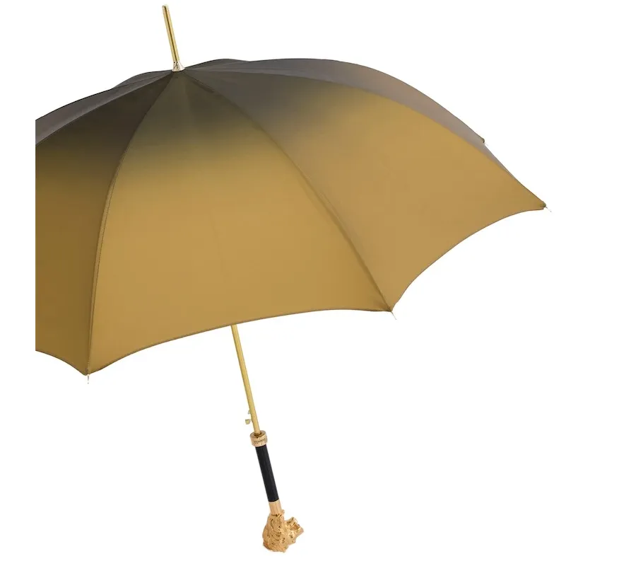 obrazek 7 Stylowy brązowy parasol damski z rączką zdobioną złotą głową lwa – Pasotti
