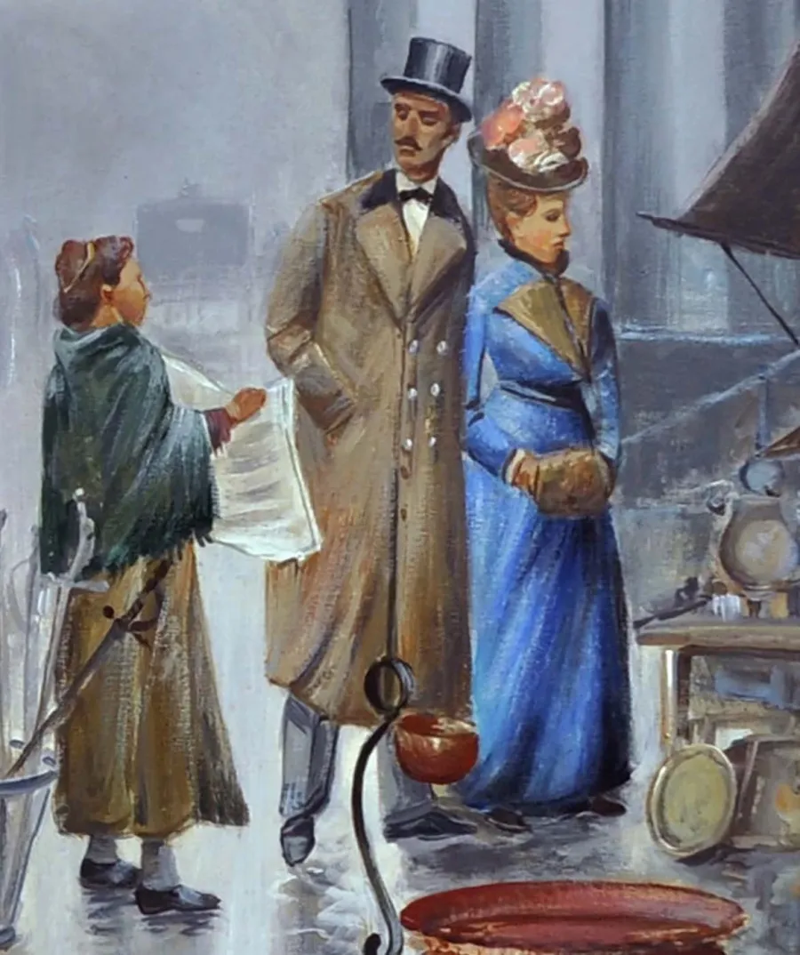 obrazek 4 Zjawiskowy obraz olejny przedstawiający pchli targ w Paryżu 50x70 cm - Elio Ferrara