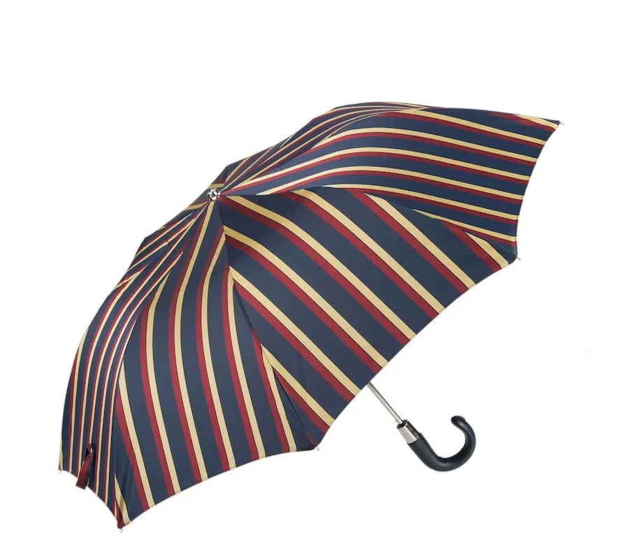 obrazek 6 Piękny stylowy parasol męski w paski ze skórzaną ciemną rączką - Pasotti