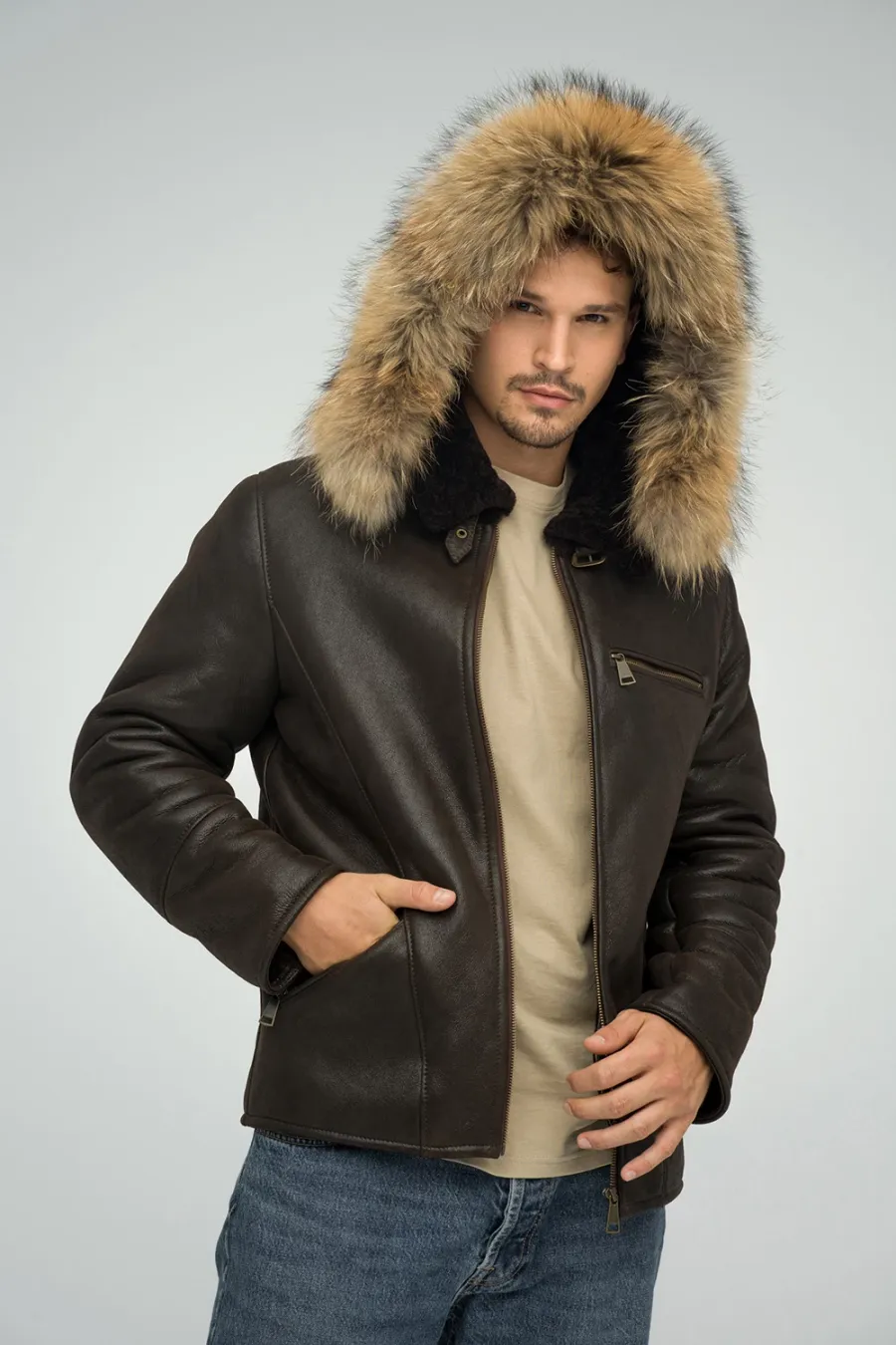 obrazek 6 Elegancka męska kurtka z owczej skóry oraz kapturem z futra lisa lub jenota
