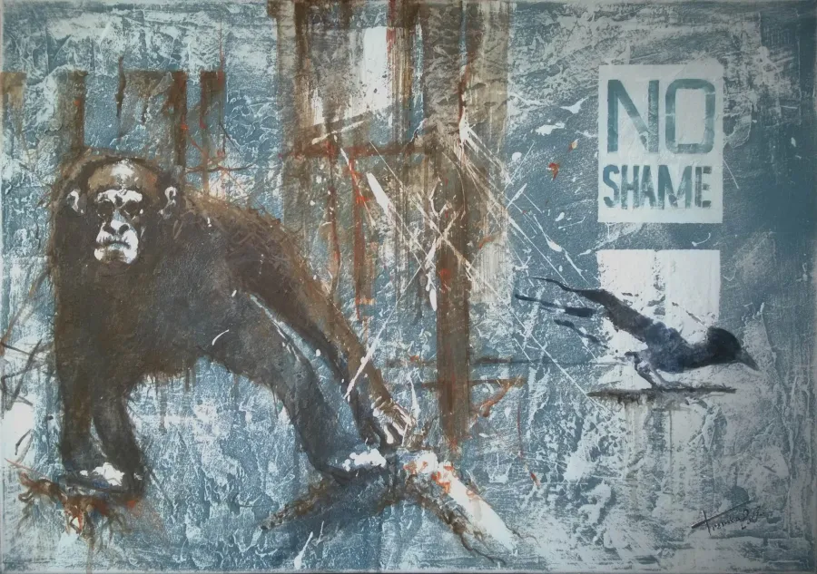 obrazek 1 Krzysztof Trzaska, obraz Bez wstydu z cyklu Mitologie, akryl/płótno, 70x100, 2017