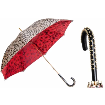 Zdjęcie Piękny parasol damski zdobiony motywem skóry leoparda i czerwonych róż - Pasotti