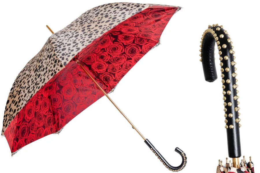 obrazek 1 Piękny parasol damski zdobiony motywem skóry leoparda i czerwonych róż - Pasotti