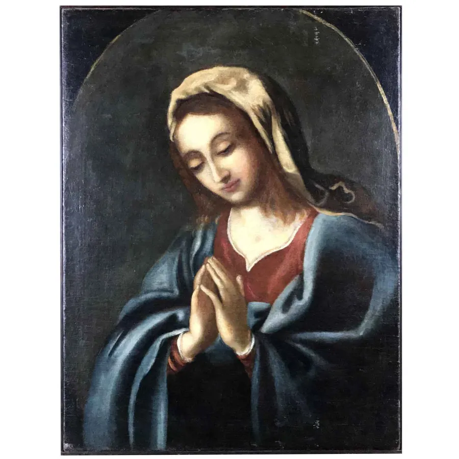 obrazek 1 Antyczny obraz - Madonna w postawie modlitwy przedstawiona w fioletowej sukience i niebieskim płaszczu