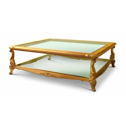 Zdjęcie Kwadratowy antyczny stolik kawowy ze szklanym blatem i półką