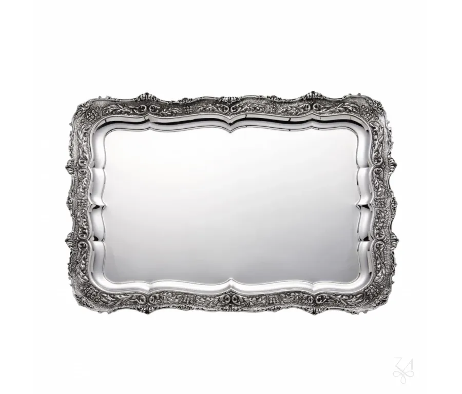 obrazek 1 Prostokątna srebrna taca z pięknym bogatym zdobieniem - Zaramella Argenti