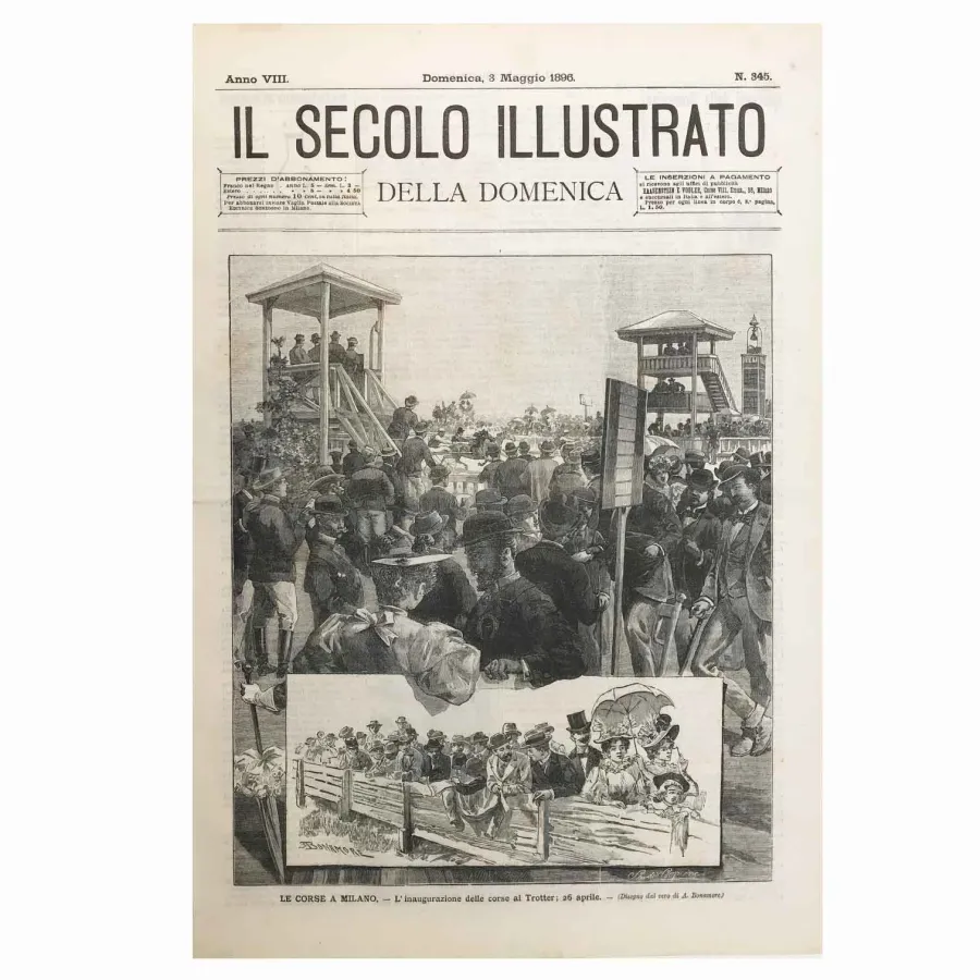 obrazek 1 Antyczna grafika przedstawiająca wyścigi konne na kłusie mediolańskim w 1896 r.
