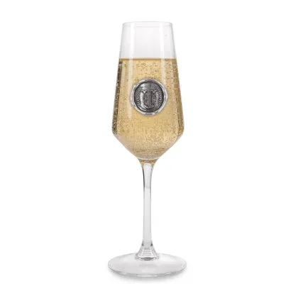 Zdjęcie Stylowy prezent dla niego lub dla niej - kieliszek do szampana z kartuszem z cynową literą „U”