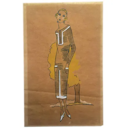 Picture Sketch of clothing models from around 1911. Drawn in ink and watercolor on paper