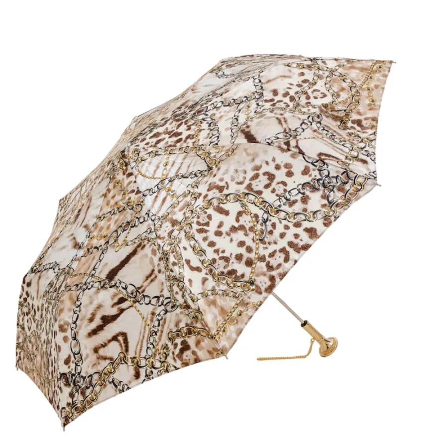 obrazek 6 Stylowy jasnobrązowy parasol damski zdobiony motywem skóry leoparda i motywem łańcuchów z rączką z klejnotem - Pasotti