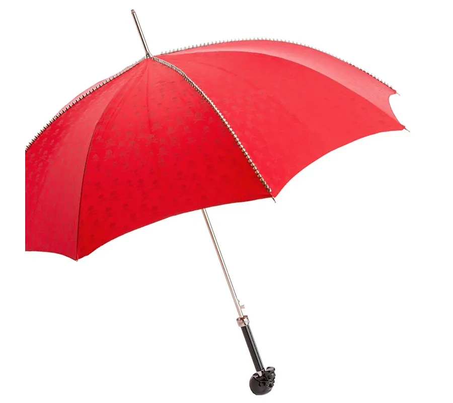 obrazek 4 Stylowy czerwony parasol damski z ćwiekami i rączką w kształcie czarnej czaszki - Pasotti