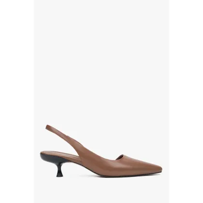 Zdjęcie Estro: Brązowe skórzane czółenka damskie na niskim obcasie typu slingback