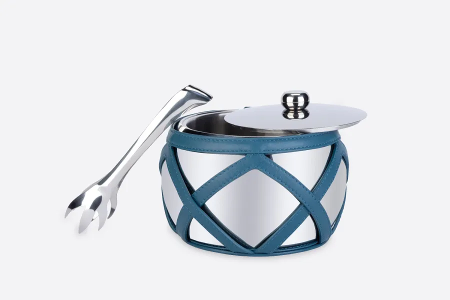 obrazek 2 Luksususowy izolowany pojemnik na lód w skórzanej oprawie w kolorze niebieskim - do kuchni