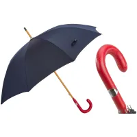 Picture Classic navy blue men's umbrella with a red leather handle - Pasotti