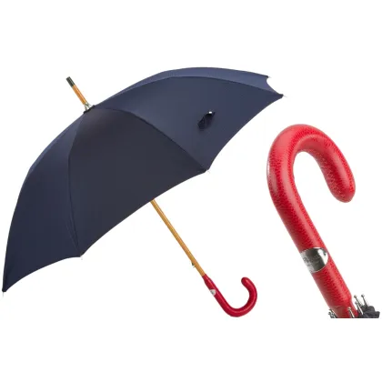 Picture Classic navy blue men's umbrella with a red leather handle - Pasotti