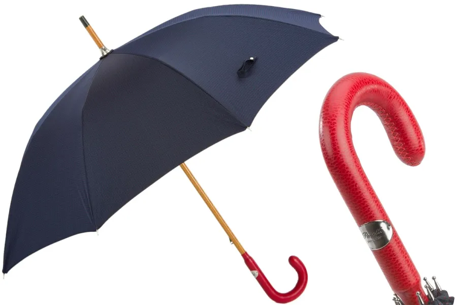 obrazek 1 Klasyczny granatowy parasol męski ze skórzaną czerwoną rączką – Pasotti