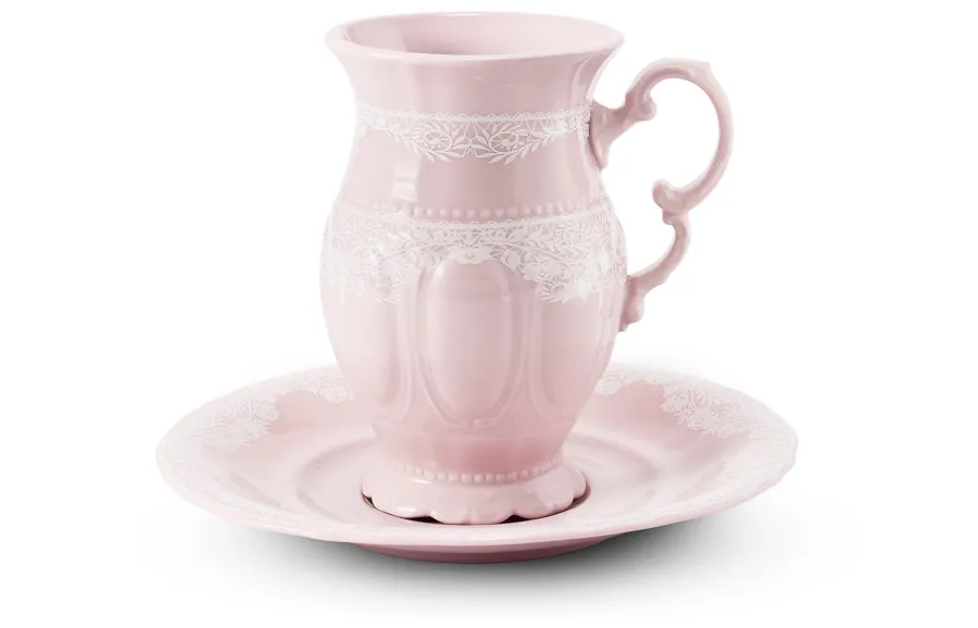 obrazek 1 Porcelanowa wysoka filiżanka do cappuccino ze spodkiem w kolorze różowym z delikatnym zdobieniem – Leander