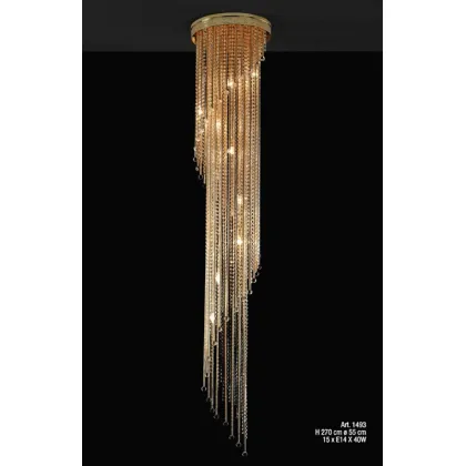 Zdjęcie Żyrandol w formie kaskady polerowanych mosiężnych rurek o diamentowym szlifie, rzędy kryształów Asfour i kulki ze szkła Murano - Il Paralume Marina