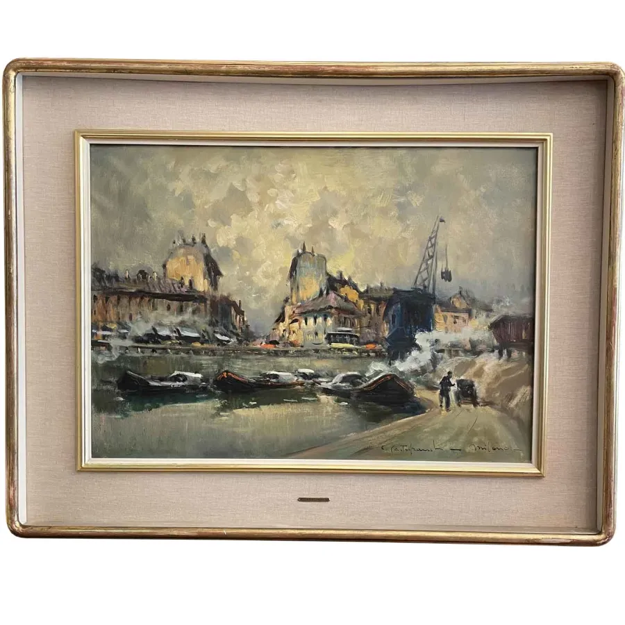 obrazek 6 Obraz olejny - widok Mediolanu przedstawiający kanał Ticinese Darsena Navigli z łodziami i budynkami, 1926 rok