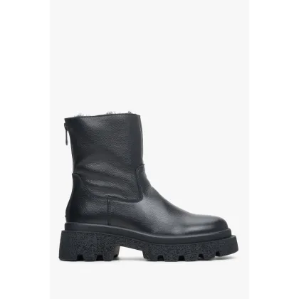 Zdjęcie Estro: Czarne botki damskie na zimę ze skóry naturalnej