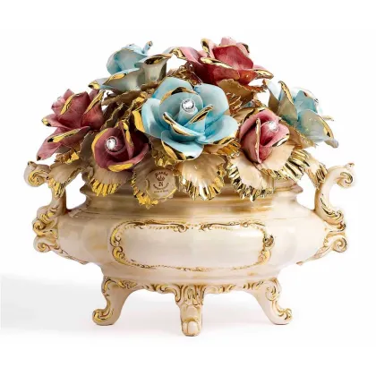 Picture Italian decorative ceramic basket with roses and Swarovski crystals