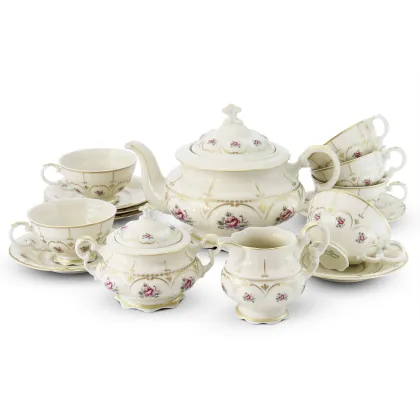 Zdjęcie Stylowy 15-elementowy zestaw do herbaty z porcelany z klasycznej kolekcji Bohemian rose ivory – Leander