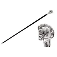 Picture A prestigious black walking stick with a handle in the shape of a silver horse's head - Pasotti