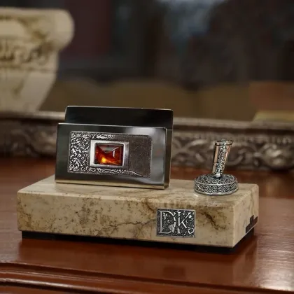 Picture Business holder with pen stand - marble with amber and initial