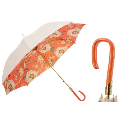 Zdjęcie Stylowy parasol damski w kolorze kości słoniowej i pomarańczowym zdobiony pięknym motywem kwiatów - Pasotti