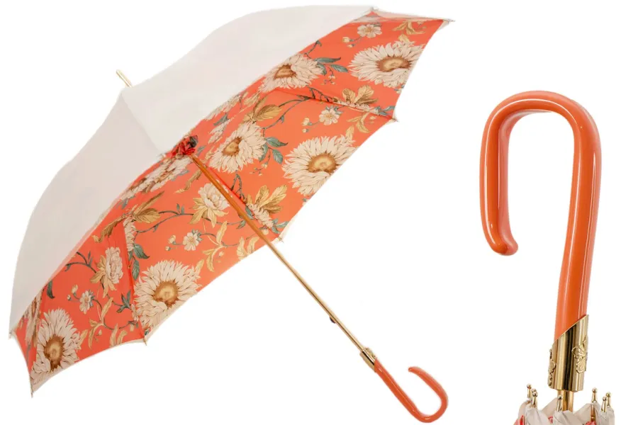 obrazek 1 Stylowy parasol damski w kolorze kości słoniowej i pomarańczowym zdobiony pięknym motywem kwiatów - Pasotti