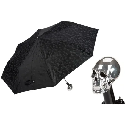 Zdjęcie Stylowy czarny parasol damski z rączką zdobioną srebrną czaszką - Pasotti