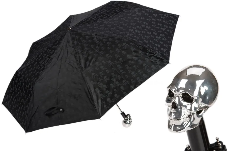 obrazek 1 Stylowy czarny parasol damski z rączką zdobioną srebrną czaszką - Pasotti