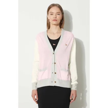 Zdjęcie Maison Kitsuné kardigan wełniany Baby Fox Patch Regular Cardigan kolor różowy lekki MW00505KT1036