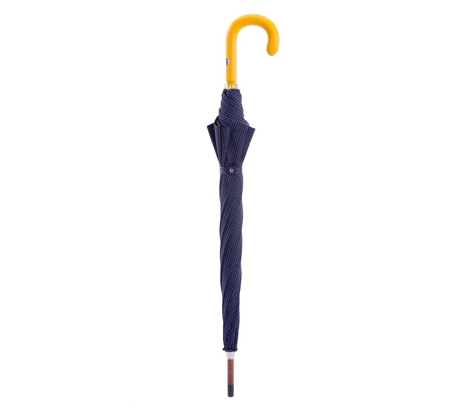 obrazek 2 Stylowy granatowy parasol męski z żółtą skórzaną rączką – Pasotti