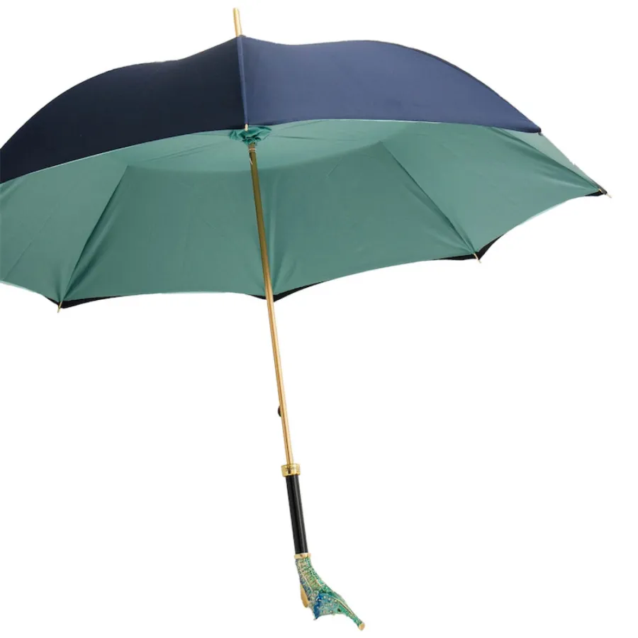 obrazek 7 Stylowy granatowo turkusowy parasol damski z rączką – głową konika morskiego – Pasotti