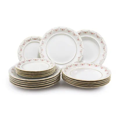 Zdjęcie 18-elementowy elegancki komplet talerzy z porcelany zdobiony girlandami z róż - Leander