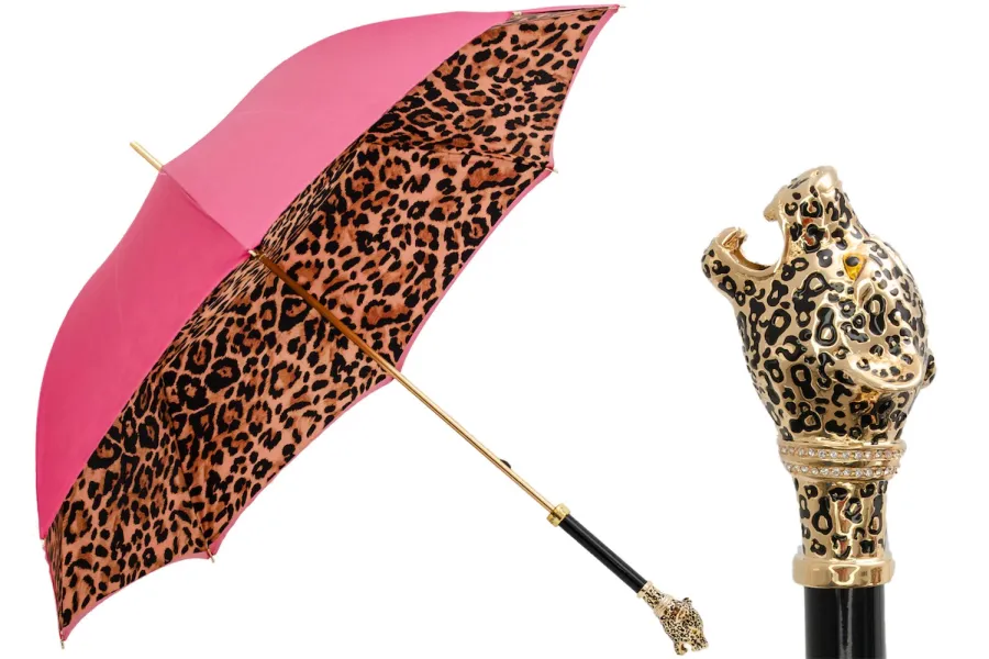 obrazek 1 Oryginalny różowo brązowy parasol damski zdobiony wzorem skóry pantery z rączką - głową pantery – Pasotti
