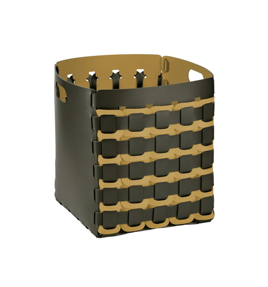 obrazek 1 Skórzany ciemnooliwkowy kosz Geometria Quadrata 35x35xH40 cm z kwadratowym  splotem