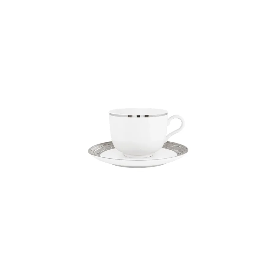 obrazek 1 Elegancka porcelanowa filiżanka do herbaty w komplecie ze spodeczkiem zdobiona srebrnym brzegiem - Porcel