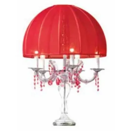 Picture Luxurious clear glass table lamp with colorful crystal pendants and organza shade – Il Paralume Marina