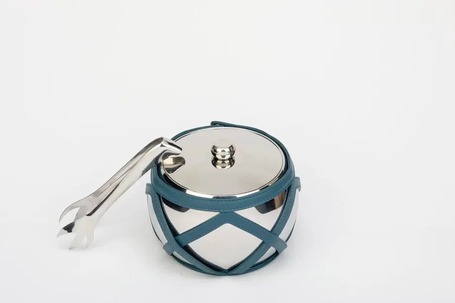 obrazek 3 Luksususowy izolowany pojemnik na lód w skórzanej oprawie w kolorze niebieskim - do kuchni