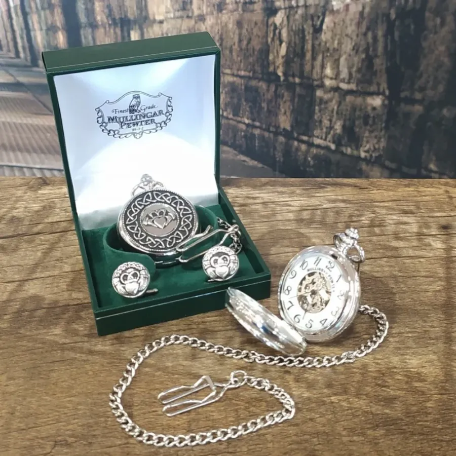 obrazek 1 Klasyczny męski zegarek kieszonkowy i spinki do mankietów z cyny zdobione dużym wzorem Claddagh