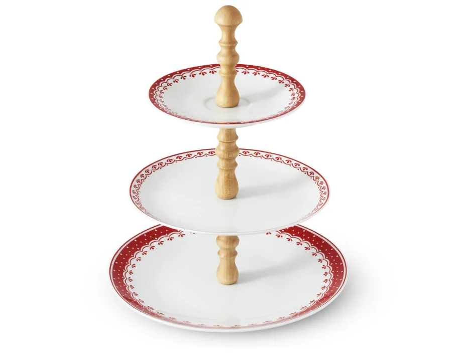 obrazek 1 Stylowa patera na ciasto z porcelany z czerwonym zdobieniem - Leander