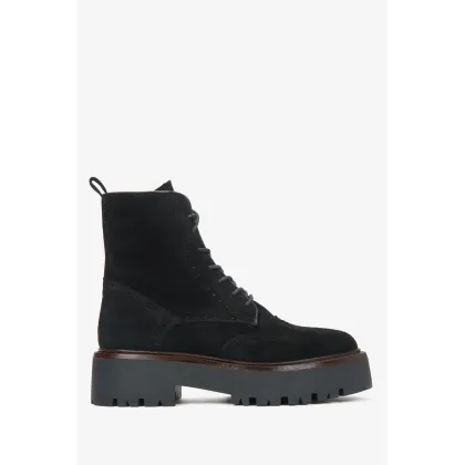 Zdjęcie Estro: Czarne botki damskie z ozdobnym przeszyciem z włoskiego weluru naturalnego