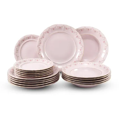 Zdjęcie Porcelanowy 18-elementowy komplet talerzy w kolorze różowym zdobiony girlandami z róż – Leander