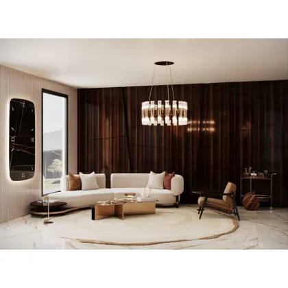 Zdjęcie Wyjątkowa tapicerowana sofa ze zintegrowanym stolikiem bocznym, wykonana z solidnej drewnianej konstrukcji z wyrafinowanymi metalowymi detalami