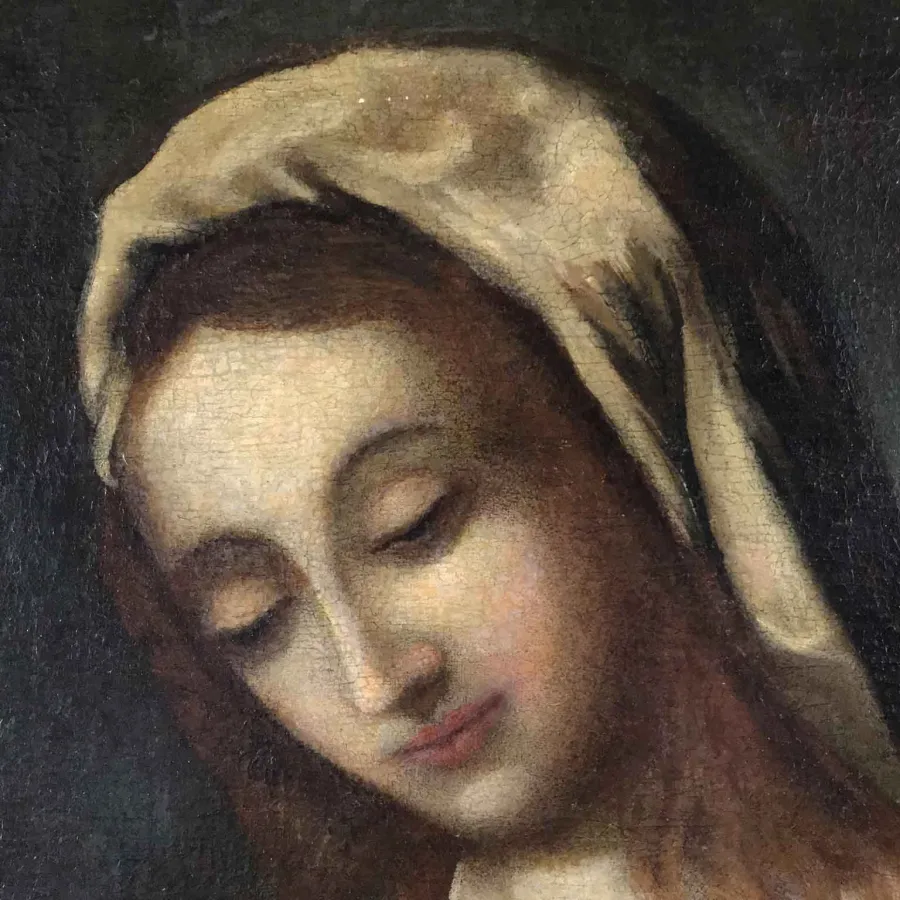 obrazek 2 Antyczny obraz - Madonna w postawie modlitwy przedstawiona w fioletowej sukience i niebieskim płaszczu
